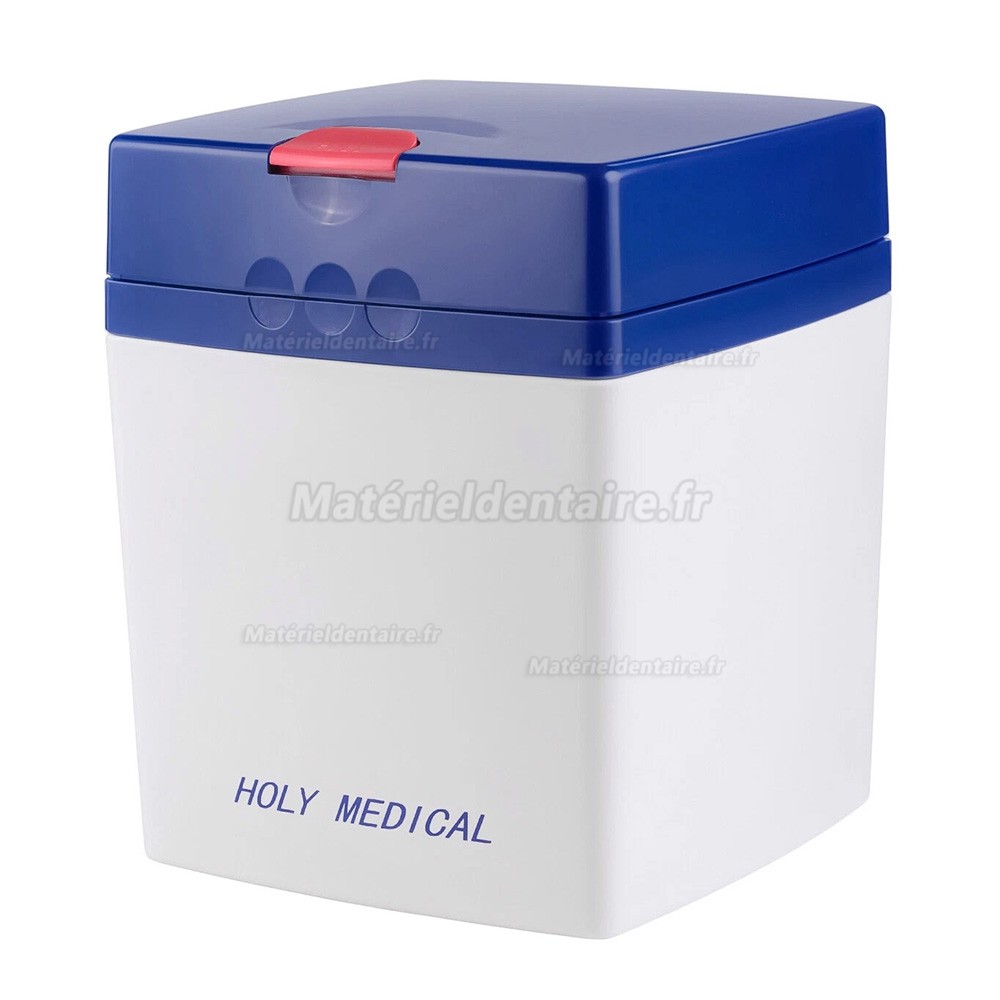 Boîte de rangement étanche à l'humidité pour matériaux d'empreintes avec gobelet doseur.